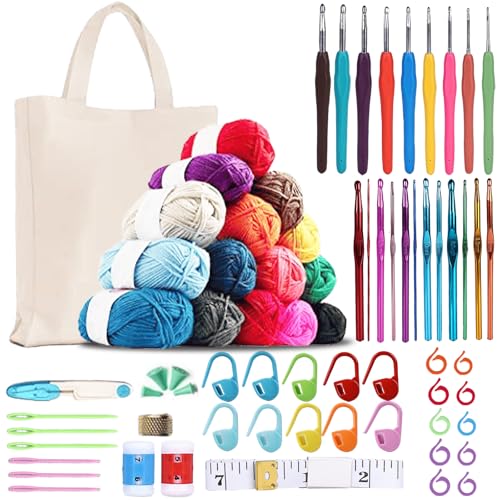 73 Stück Häkelset für Anfänger, Tragbar Crochet Set Stricken für Anfänger, Häkelnadel Set mit 15 Wolle, Tasche Häkelzubehör Häkelgarn 2-8mm mit Weicher Griff, Praktische Häkelnadel Set Geschenk von GOMETY