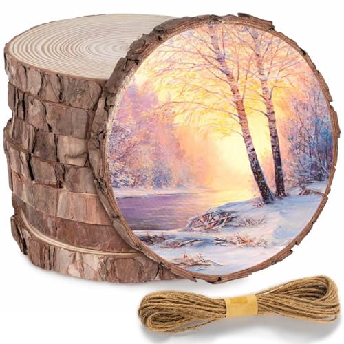 Holzscheiben 8 Stück Holz Log Scheiben 14-15CM Durchmesser 10MM Dicke DIY Rund Naturholz Baumscheiben mit Bindfaden, Kiefernholz Astscheiben Ohne Loch für Weihnachten Kunst Dekoration Untersetzer Holz von GOMETY