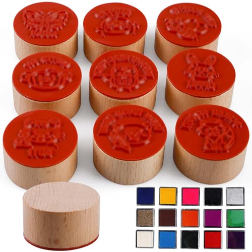 9 Stück Holz Lehrerstempel, Motivstempel Stempel Set, Holz Lehrer Stempel mit 15 Stempelkissen, Textstempel Motivstempel, Kinder Rund Holzstempel für Schulkind Gummi Schule Stempel Deko Stempel von GOMETY