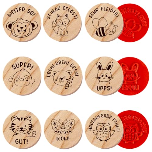 9 Stück Holzstempel Motivstempel Stempel Set Tiere für Schulkind Gummi Schule Stempel Deko Stempel für Lehrer Belohnung Stempel Lob Schüler Stempel Geschenk für Lehrertag von GOMETY