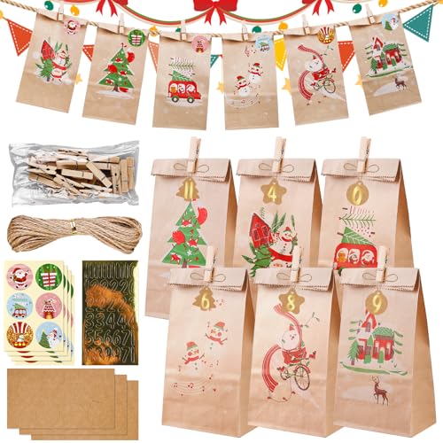 Adventskalender zum Befüllen, 24 Weihnachtskalender Geschenk Papiertüten mit Zahlenaufkleber und Holzklammern, Selber Befüllen Kraftpapiertüten Advents Tüten mit Aufkleber für Kinder & Erwachsene von GOMETY