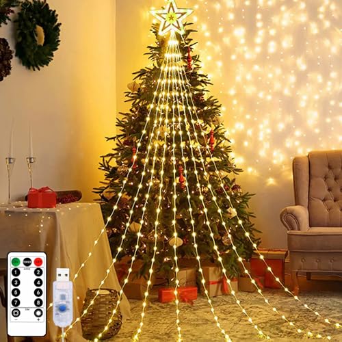 Christbaumbeleuchtung mit Sterne, 2M 9 Stränge 198 USB LED Wasserfall Lichterkette Stern mit Fernbedienung, Wasserdicht LED Weihnachtsbeleuchtung Außen, Tannenbaum lichterkette, Vorhänge mit Stern von GOMETY