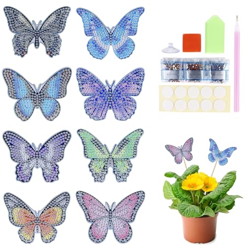 Diamond Painting Schmetterling,8 Stück Schmetterling Stakes Diamant Kunst,Schmetterling Gartenstecker,Frühling Schmetterling Deko für Garten Dekor,DIY Diamont Painting Kit für Basteln Ornaments von GOMETY