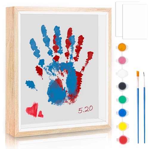 Fußabdruck Set Baby, 10 Zoll DIY-Familien-Handabdruck-Set, Holz Handabdruck Baby Fotorahmen Set mit 8-Farben-Pigment Pinsel Reibepapier für die Babyparty und Frischgebackene Eltern Geschenke(Weiß) von GOMETY