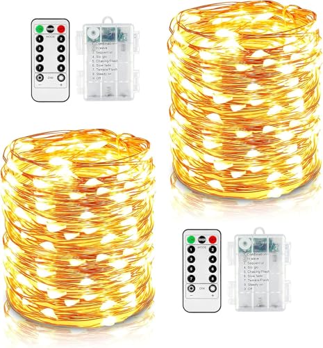 GOMETY 2 Stück 10M 100 LED Lichterkette, Kupferdraht 8 Modi Außenbeleuchtung Batteriebetrieben Wasserdicht IP67 mit Fernbedienung und Timer für Outdoor Innenbeleuchtung Weihnacht Deko (Warmweiß) von GOMETY