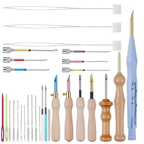 GOMETY 30 Stück Stickerei Starter Kit, Punch Needle Kit, Holzgriff Stickstifte Verstellbarer Teppich Garn Stanznadel Set für Stickgarn Kreuzstich Anfänger von GOMETY