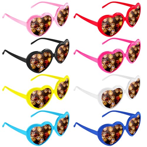 GOMETY 8 Stück Herz Effekt Brille, 3D Heart Glasses Beugungs Brille, Herzförmige Sonnenbrille für Fasching Musikfestivals Party Bar Feuerwerk Musik im Freien Party Bar Kostümfest von GOMETY