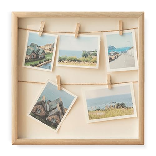 GOMETY Holz Fotohalter, Holz Fotocollage Rahmen 30x30cm, Wandbilderrahmen mit Schnur, Bilderrahmen Fotorahmen Collage mit Foto Holzklammern, Vielseitiger Fotohalter für Fotos oder Postkarten Natur von GOMETY