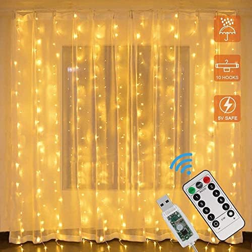 GOMETY LED Lichtervorhang,3 x 2m 200 LEDS USB Lichterkettenvorhang,8 Modi mit Fernbedienung,Lichterkette für Schlafzimmer, innen außen Dekoration, Party Hochzeit Weihnachten (Warmweiß, 3x1M) von GOMETY