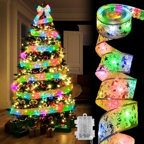 GOMETY LED Weihnachtsband Lichter, 10M 100 LED Glänzende Band Lichterkette, 2 Modi Batteriebetriebene LED Schleifen Lichter für Innen und Außenbereich Weihnachtsdekoration(Gold&farbiges Licht von GOMETY