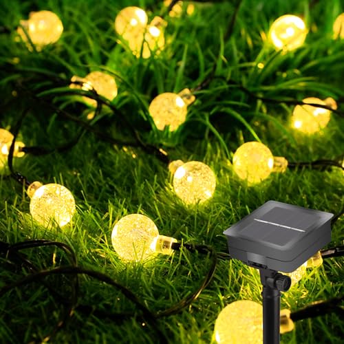 GOMETY Lichterkette Aussen, Lichterkette Solar 12M 100 Kristall Kugeln 8 Modi Outdoor Lichterkette, Warmweiß Solarlichterkette Außen Wetterfest IP44 Kugeln Lichterkette für Hochzeit Party Balkon Deko von GOMETY