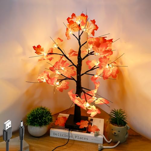 LED Baum Licht, 24 LEDs Ahornblatt Baumlicht Warmweiß für Innen Stimmungslicht USB-Kabel/AA Batteriebetrieben Herbst Deko Tisch Licht für Erntedankfest Weihnachten Deko Ahorn-Blätter Lichterketten von GOMETY