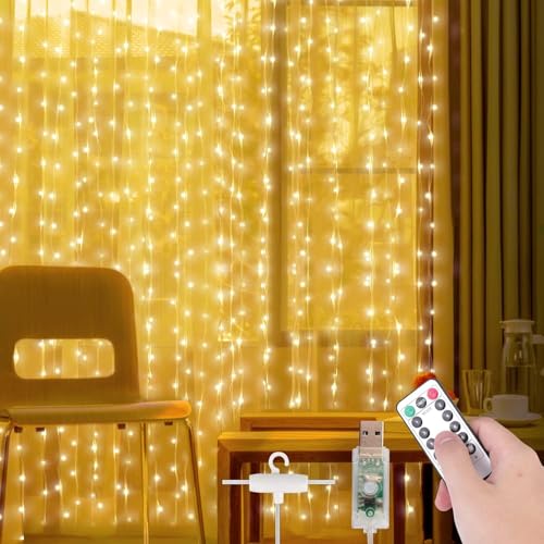 LED Lichtervorhang 300x300cm, 300 Leds USB Lichterkettenvorhang, 8 Modi LED Lichtervorhang Außen Mit Fernbedienung, Ip65 Wasserdicht LED Lichterketten Für Schlafzimmer, Innen Außen Dekoration Warmweiß von GOMETY