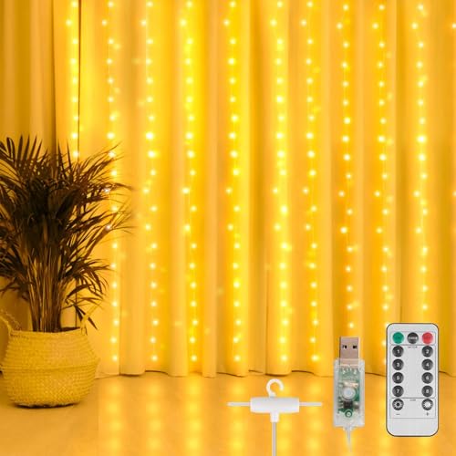 LED Lichtervorhang 3x2m, 200 LEDS USB Lichterkettenvorhang, 8 Modi LED Lichtervorhang Außen Mit Fernbedienung, IP65 Wasserdicht LED Lichterketten für Schlafzimmer, innen außen Dekoration Warmweiß von GOMETY