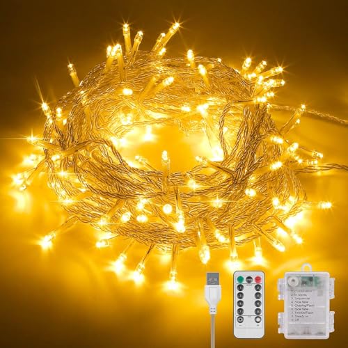 Lichterkette Batterie Warmweiß, 12m 120 LED USB Lichterkette Mit Fernbedienung Und Timer 8 Modi Dimmbar Batterie Betrieben Lichterkette Außen Innen Für Weihnachtsbaum Balkon Garten Deko von GOMETY