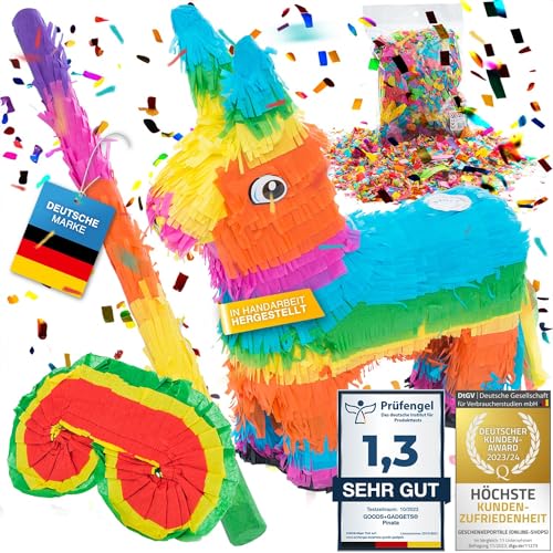 Pinata Party-Dekoration zum Befüllen mit Süßigkeiten für Kinder-Geburtstag Hochzeit Party Feiern (Esel + Stab & Augenmaske) von GOODS+GADGETS