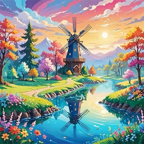 5D Diamond Painting Für Erwachsene,Landschaftswindmühlen Diamant Painting Bilder DIY Diamond Art Kits Für Anfänger Full Square Drill Diamant Malerei Stickerei Strass für Home Wand Decor - 30x30 cm von GOOFEI