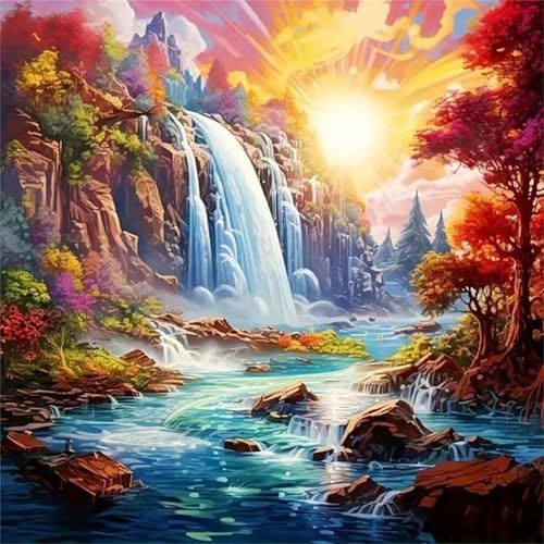 5D Diamond Painting Für Erwachsene,Sonnenaufgang Wasserfall Diamant Painting Bilder DIY Diamond Art Kits Für Anfänger Full Square Drill Diamant Malerei Stickerei Strass für Home Wand Decor - 30x30 cm von GOOFEI