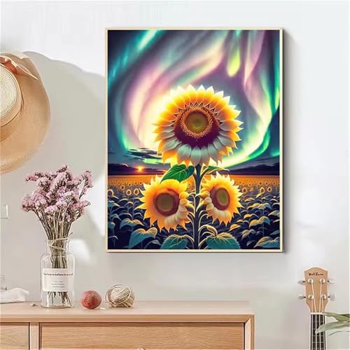 GOOFEI DIY Adult Diamond Painting Embroidery Set Aurora-Sonnenblumenansicht,5D Full Diamond Painting Craft Runder Bohrer Home Wall Decoration Art Painting Kits 55x35cm von GOOFEI