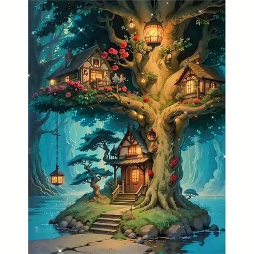 GOOFEI DIY Adult Diamond Painting Embroidery Set Baumhaus,5D Full Diamond Painting Craft Runder Bohrer Home Wall Decoration Art Painting Kits 45x25cm von GOOFEI