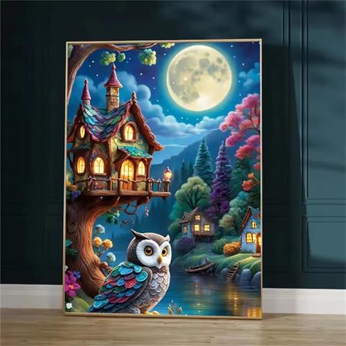 GOOFEI DIY Adult Diamond Painting Embroidery Set Baumhaus Mond Tier Landschaft,5D Full Diamond Painting Craft Runder Bohrer Home Wall Decoration Art Painting Kits 45x25cm von GOOFEI