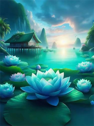 GOOFEI DIY Adult Diamond Painting Embroidery Set Blauer Lotus Natur,5D Full Diamond Painting Craft Runder Bohrer Home Wall Decoration Art Painting Kits 55x35cm von GOOFEI