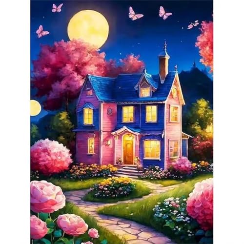 GOOFEI DIY Adult Diamond Painting Embroidery Set Cartoon Haus Blume,5D Full Diamond Painting Craft Runder Bohrer Home Wall Decoration Art Painting Kits 45x25cm von GOOFEI