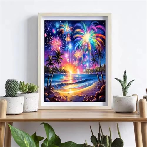 GOOFEI DIY Adult Diamond Painting Embroidery Set Feuerwerk Strand,5D Full Diamond Painting Craft Runder Bohrer Home Wall Decoration Art Painting Kits 55x35cm von GOOFEI