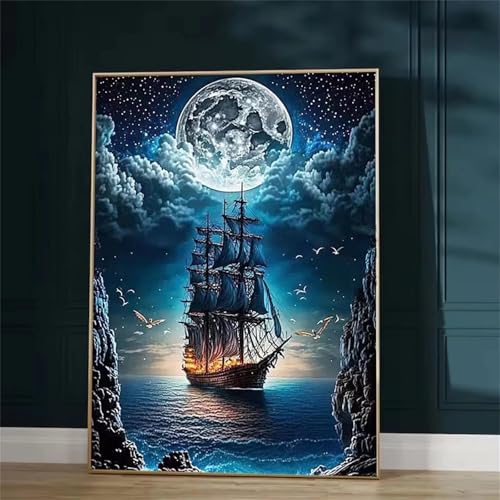 GOOFEI DIY Adult Diamond Painting Embroidery Set Mond Strass,5D Full Diamond Painting Craft Runder Bohrer Home Wall Decoration Art Painting Kits 55x35cm von GOOFEI