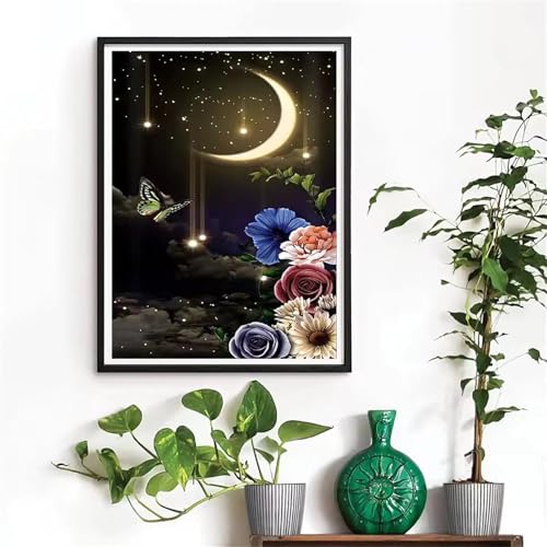 GOOFEI DIY Adult Diamond Painting Embroidery Set Mond Wolke Blume,5D Full Diamond Painting Craft Runder Bohrer Home Wall Decoration Art Painting Kits 55x35cm von GOOFEI