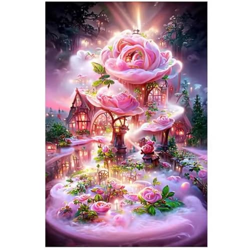 GOOFEI DIY Adult Diamond Painting Embroidery Set Schloss Rosa Blumen,5D Full Diamond Painting Craft Runder Bohrer Home Wall Decoration Art Painting Kits 55x35cm von GOOFEI