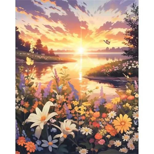 GOOFEI DIY Adult Diamond Painting Embroidery Set See Sonnenuntergang Blumen,5D Full Diamond Painting Craft Runder Bohrer Home Wall Decoration Art Painting Kits 45x25cm von GOOFEI