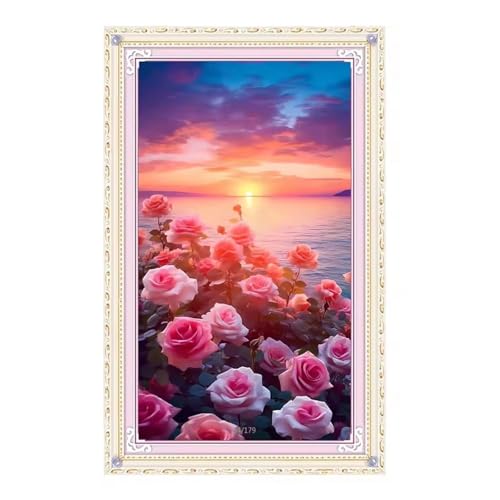 GOOFEI DIY Adult Diamond Painting Embroidery Set Seestück Rosen Blume,5D Full Diamond Painting Craft Runder Bohrer Home Wall Decoration Art Painting Kits 45x25cm von GOOFEI