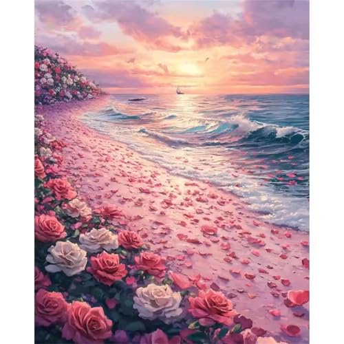 GOOFEI DIY Adult Diamond Painting Embroidery Set Strandrose,5D Full Diamond Painting Craft Runder Bohrer Home Wall Decoration Art Painting Kits 45x25cm von GOOFEI