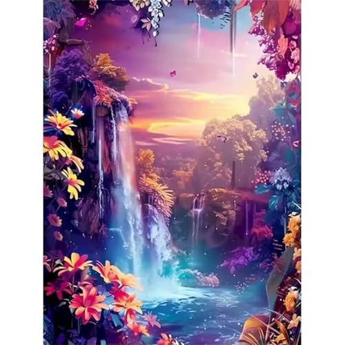 GOOFEI DIY Adult Diamond Painting Embroidery Set Wunderschöne Wasserfallblumen,5D Full Diamond Painting Craft Runder Bohrer Home Wall Decoration Art Painting Kits 45x25cm von GOOFEI