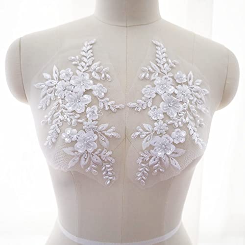 GOOFFY 2 STÜCKE Weiße Pailletten Perlen 3D Blume Spitze Applikation Nähen Patch Stoffkragen Hochzeit Brautkleid Kleidung Kleid Dekor DIY Handwerk Applikationen von GOOFFY