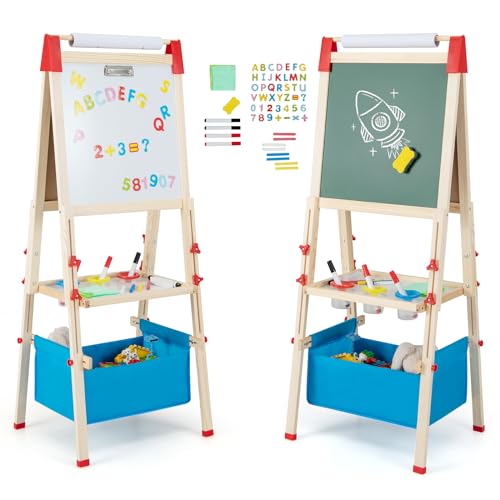 GOPLUS 3-in-1 Staffelei für Kinder, doppelseitige Kindertafel mit magnetischem Whiteboard, Papierrolle, Ablage & Malzubehör, höhenverstellbare Standtafel mit Aufbewahrungstasche für Kinder 3-8 Jahren von GOPLUS