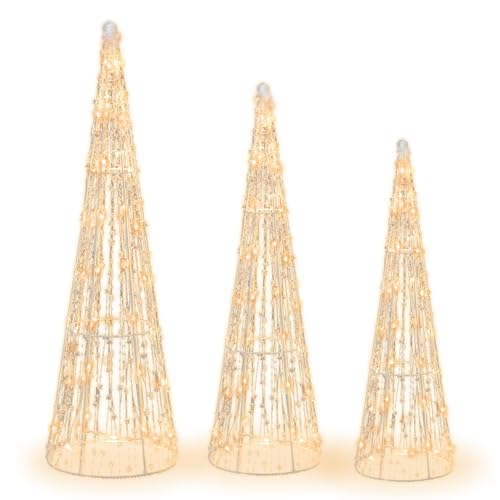 GOPLUS 3er Set LED Weihnachtsbaum, Pyramide Lichterbaum Weihnachten mit 90 Lichtern warmweiß, Lichterkette & Sternschnüren, 62/72/81cm Leuchtpyramide Kegelbaum, Weihnachtsdeko für Innen & Außen von GOPLUS