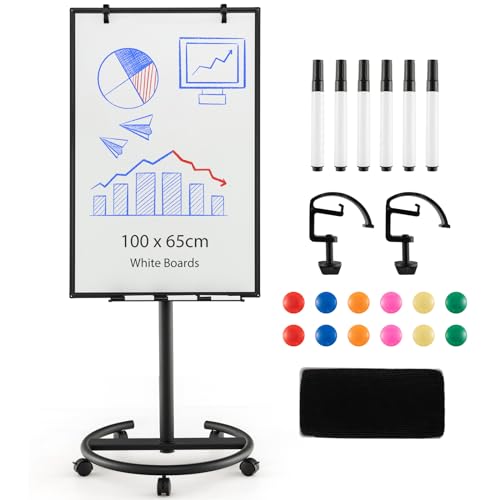 GOPLUS Flipchart Ständer, 100 x 65cm Mobiles Whiteboard auf Rollen, Trocken asbwischbar, Flipcharts Whiteboard höhenverstellbar mit Rundfuß, Haken, Marker, Magneten, Papier, Radiergummi (Schwarz) von GOPLUS