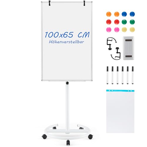 GOPLUS Flipchart Ständer, 100 x 65cm Mobiles Whiteboard auf Rollen, Trocken asbwischbar, Flipcharts Whiteboard höhenverstellbar mit Rundfuß, Haken, Marker, Magneten, Papier, Radiergummi (Weiß) von GOPLUS