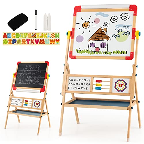 GOPLUS Kinderstaffelei aus Holz, doppelseitige 3-in-1 Malstaffelei mit Whiteboard, Kreidetafel & Papierrolle, Kunststaffelei mit drehbarem Zeichenbrett, Magnetbuchstaben, Abakus & Tafelwischer von GOPLUS