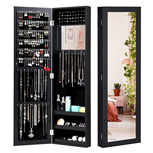 GOPLUS Schmuckschrank mit Ganzkörperspiegel, Schmuckregal mit Eingebautem Kleinem Spiegel, Spiegelschrank mit Wandmontage/Türmontage, Magnetverschluss, mit Stauraum für Schmuck & Kosmetika (Schwarz) von GOPLUS