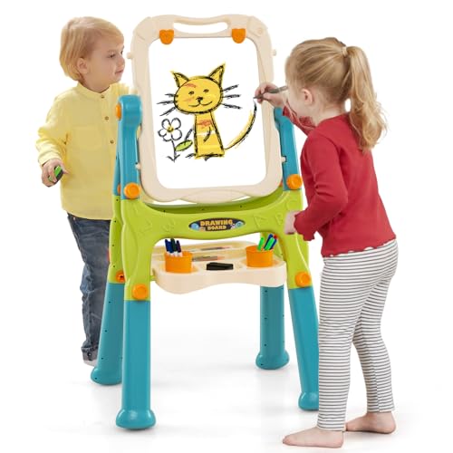 GOPLUS Staffelei mit Doppelseitiger Tafel, Drehbare & Magnetische Maltafel mit Füßen in 2 Verschiedenen Höhen, Kindertafel mit Umfangreichem Zubehör, für Kinder über 3 Jahre, Farbwahl (Grün+Blau) von GOPLUS