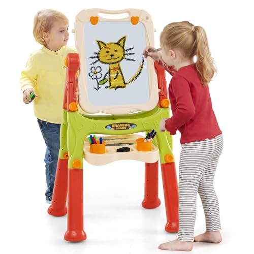 GOPLUS Staffelei mit Doppelseitiger Tafel, Drehbare & Magnetische Maltafel mit Füßen in 2 Verschiedenen Höhen, Kindertafel mit Umfangreichem Zubehör, für Kinder über 3 Jahre, Farbwahl (Grün+Orange) von GOPLUS