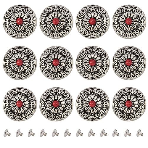 GORGECRAFT 1 Box 12 Stück 30mm Runde Conchos-Knöpfe Mit Schraubverschluss Rot Synthetisch Türkis Vintage-Metallknöpfe Sonnenblume Dekorative Schrauben Nieten Schnallen Ersatzknöpfe DIY-Lederhandwerk von GORGECRAFT