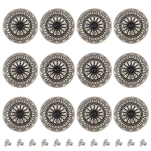 GORGECRAFT 1 Box 12Stk Knöpfe Mit Schraubverschluss 30mm Runde Form Conchos Schwarz Künstliche Türkisfarbene Vintage-Knöpfe Sonnenblume Dekorative Schrauben Nieten Schnallen DIY-Lederhandwerk von GORGECRAFT