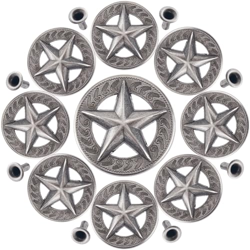 GORGECRAFT 1 Box Mit 10 Sets Sternknöpfe Mit Schraubverschluss 32mm Pentagrammform Metallschnitzerei Conchos Gussteile Mit Nieten Rund Dekoratives Lederornament Für Geldbörsen Gürtel Westen von GORGECRAFT