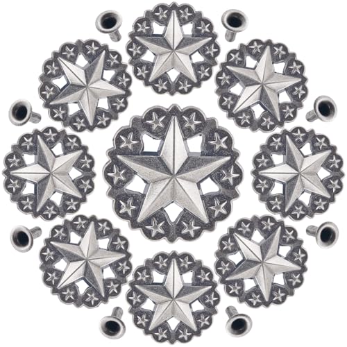 GORGECRAFT 1 Box Mit 10 Sets Sternknöpfe Mit Schraubverschluss Und Nieten 36mm Pentagrammform Antik Silber Metallschnitzerei Conchos Gussteile Dekoratives Lederornament Verschluss Für Geldbörsen von GORGECRAFT