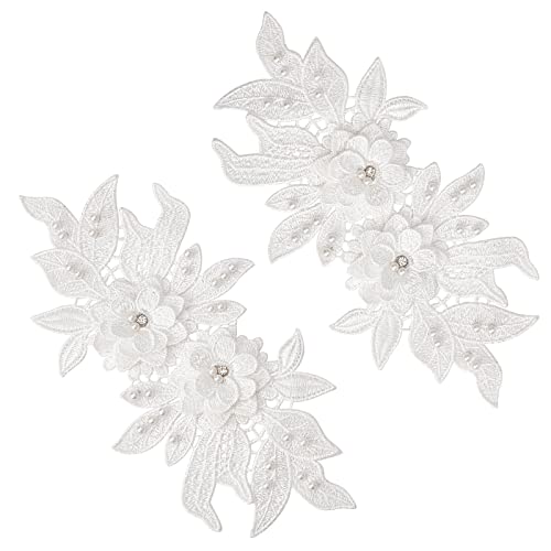 GORGECRAFT 1 Paar 3D Blumen Bestickte Spitzenapplikationen Blumen Perlen Patches Mit Imitationsperlen Ausschnitt Spitzenbesatz Für DIY Nähen Verzierungen Hochzeit Kleid Dekorationszubehör Weiß von GORGECRAFT