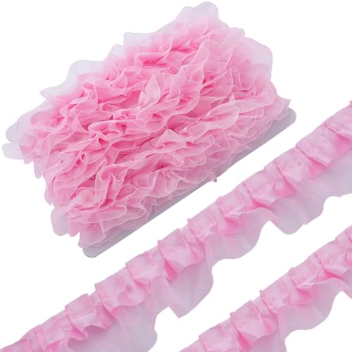 GORGECRAFT 10 Meter 2-Lagiger Satin-Organza-Spitzenrandbesatz 4cm Breit Plissiertes Rüschen-Chiffonband Geraffte Kantenbesätze Stoff Zum Nähen Stoffkleidern Bestickte Applikationen Dekoration Rosa von GORGECRAFT